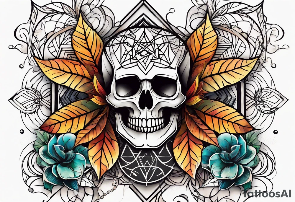 knee tattoo with sacred geometry, skull, swirls & washes in background in fall colors tattoo idea