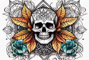 knee tattoo with sacred geometry, skull, swirls & washes in background in fall colors tattoo idea