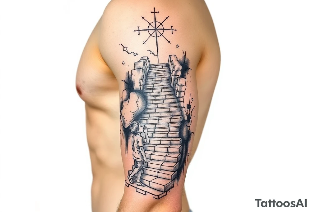 tattoo of a stairway to heaven with a little boy about to take the first step tattoo idea