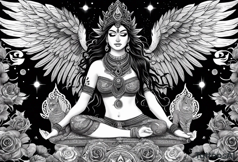 black kali, goddess pirate, alien, angel, pachamama, valkrye, warrior, flying, skull, lotus azul, wing, eagle, zenza resonance, stars, 5D, anahata chakra, death, durga, riding on a tiger, flying lady, kundalini, chest tatoo, samuri, rebel, serpent tattoo idea