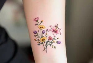 Small Stargazer lillies pale pink with no outline 
with small yellow sunflowers and sunflower buds and pale purple tulip buds in a dainty wildflower bouquet with light green stems. Low detail. tattoo idea