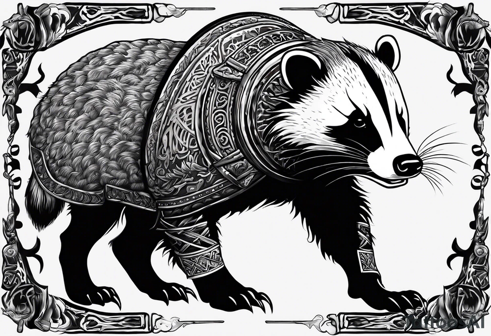 Draw me hunting badger with aggressive full body, killer face with a smile, very long nails and he attacks like a Turkish gladiator to enemy and also he has very deadly looking. The only weapon is his braveness he fights with his nails. Everybody scares after their first sight. And horror type Badger this is. tattoo idea