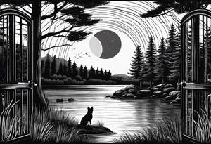 A forest with a lake. In the middle of the lake there is a gate. Outside of the gate sitting a yorkshire terrier. Full moon on backroun. The moon is crying. tattoo idea