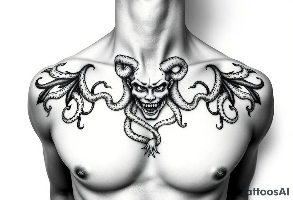 A Beautiful feminine sexy Medusa chest peice Black and white with shading tattoo idea
