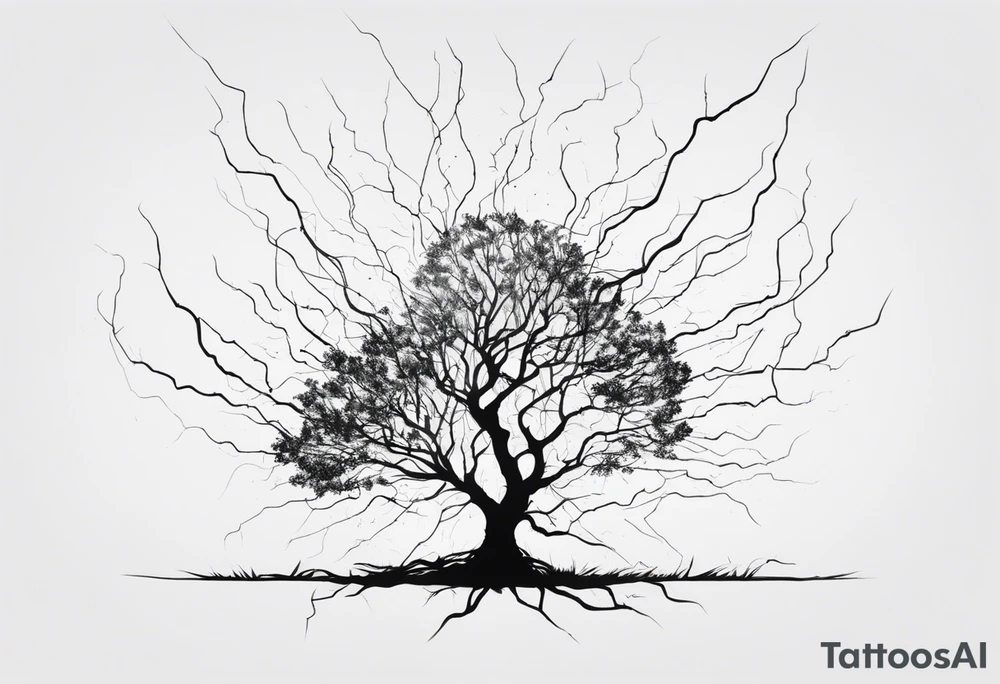 a barron tree struck by lightning, the branches resemble a brain and its spark of life. the ground below the tree is cracked symbolizing the broken connection between creator and creation tattoo idea