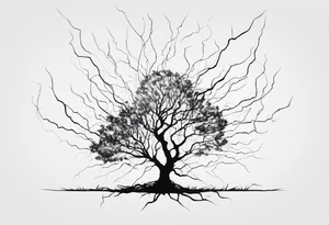 a barron tree struck by lightning, the branches resemble a brain and its spark of life. the ground below the tree is cracked symbolizing the broken connection between creator and creation tattoo idea