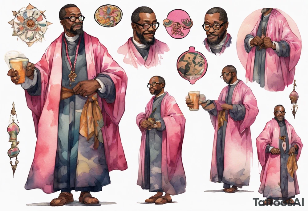 a middle-aged medieval black man wearing round glasses, wearing colorful robe, wearing pink bracers tattoo idea
