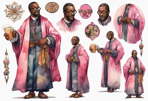 a middle-aged medieval black man wearing round glasses, wearing colorful robe, wearing pink bracers tattoo idea