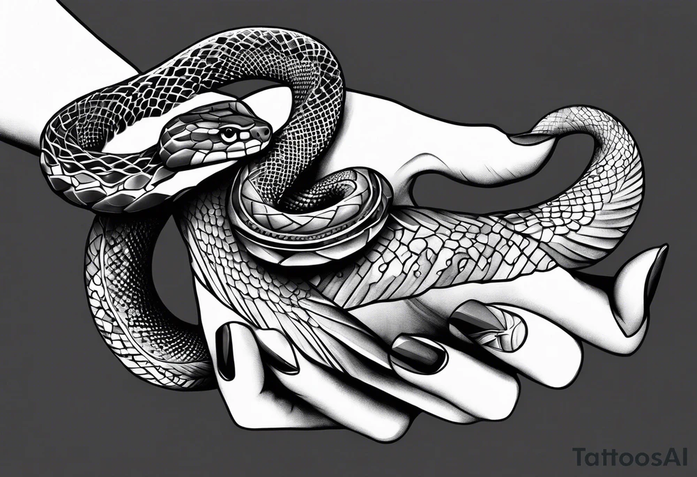 A streched out feminine hand that holds a snake tattoo idea