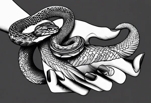 A streched out feminine hand that holds a snake tattoo idea