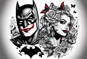 Small Batman and joker tattoo with butterflies and lots of color and harley quinn tattoo idea