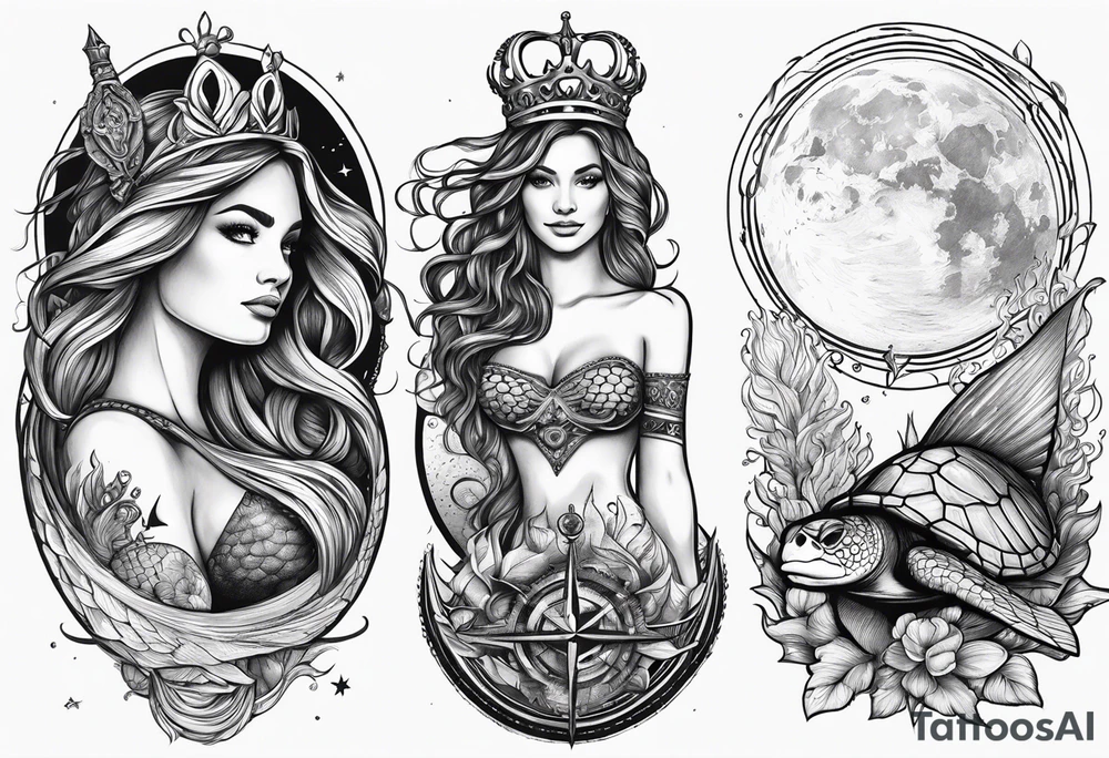 Mermaid with trident and crown, sea turtle, compass, cresent moon tattoo idea