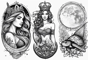 Mermaid with trident and crown, sea turtle, compass, cresent moon tattoo idea