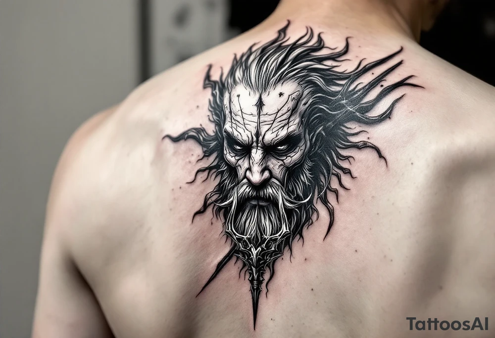 close-up gentle poseidon behind a trident tattoo idea