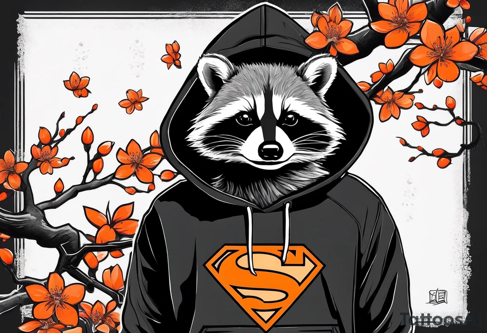 Raccoon wearing a white Superman logo on a black hoodie and orange Japanese cherry blossoms tattoo idea