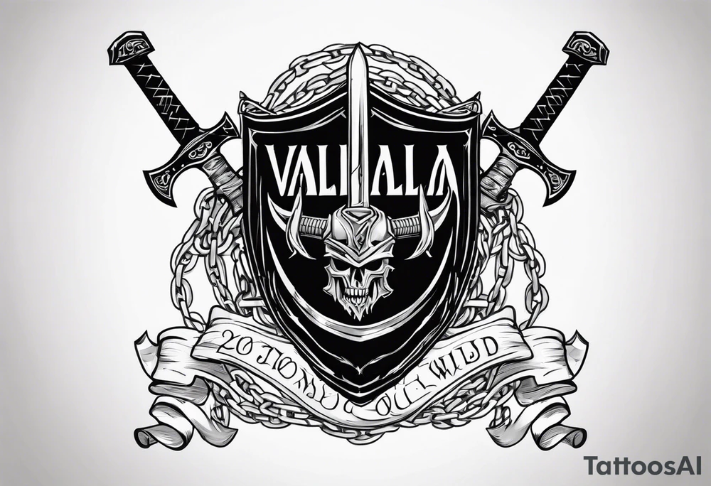 Valhalla sword shield axe barbed wire chains dark cloud tattoo idea