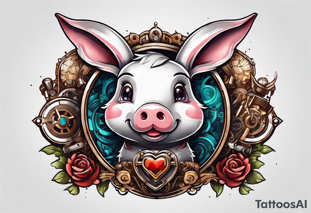 Looks like a rabbit cartoon pig with a mechanical heart tattoo idea