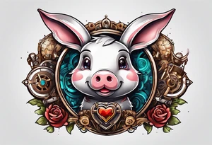 Looks like a rabbit cartoon pig with a mechanical heart tattoo idea