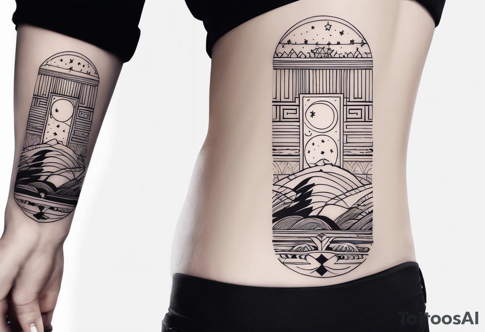 Long narrow line spine tattoo. Includes moon, stars and ancient symbols. Minimal design. tattoo idea