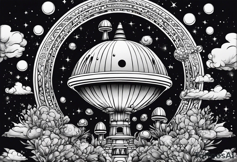 thinner rocketship with a psychedelic mushroom top with fire coming out the bottom bursting out of bubble as the bubble pops tattoo idea