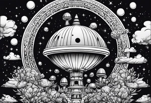 thinner rocketship with a psychedelic mushroom top with fire coming out the bottom bursting out of bubble as the bubble pops tattoo idea
