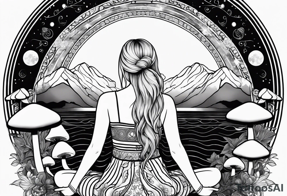 Straight blonde hair girl meditating facing away toward mountains surrounded by mushrooms crescent moon mandala circular design black and white striped dress tattoo idea