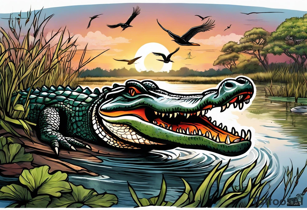 Scene live oak marsh birds alligator tattoo idea