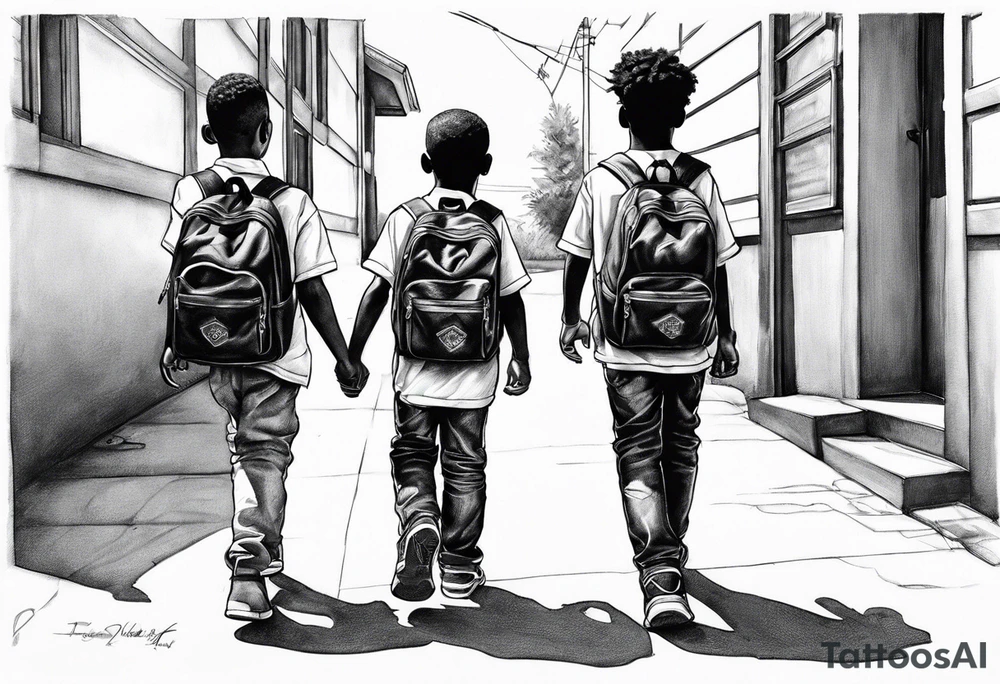 full bodies of 3 black school age boys walking away together and one is looking to the side at the one in the middle tattoo idea