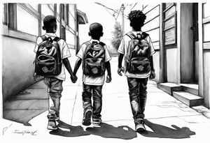 full bodies of 3 black school age boys walking away together and one is looking to the side at the one in the middle tattoo idea