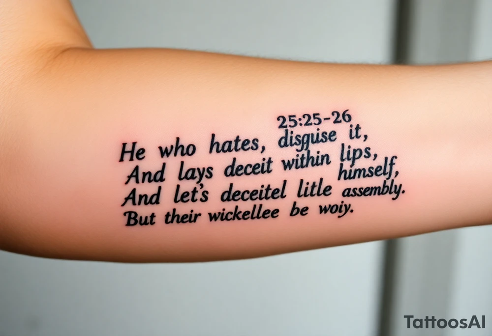 proverbs 26: 25-26
He who hates, disguises it with his lips, And lays up deceit within himself,Their hatred may be concealed by deception, but their wickedness will be exposed in the assembly tattoo idea