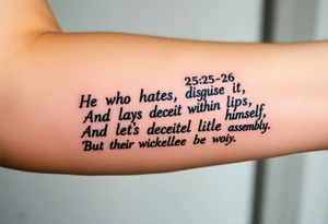 proverbs 26: 25-26
He who hates, disguises it with his lips, And lays up deceit within himself,Their hatred may be concealed by deception, but their wickedness will be exposed in the assembly tattoo idea