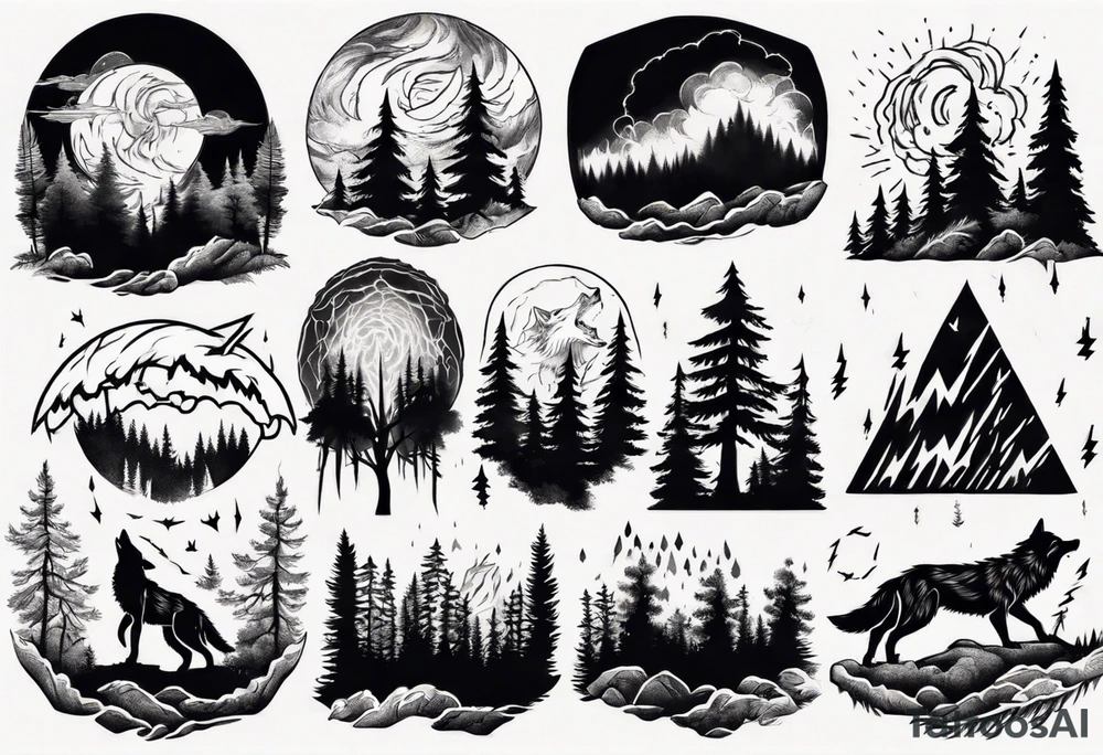 lightning over forest with wolf howling tattoo idea