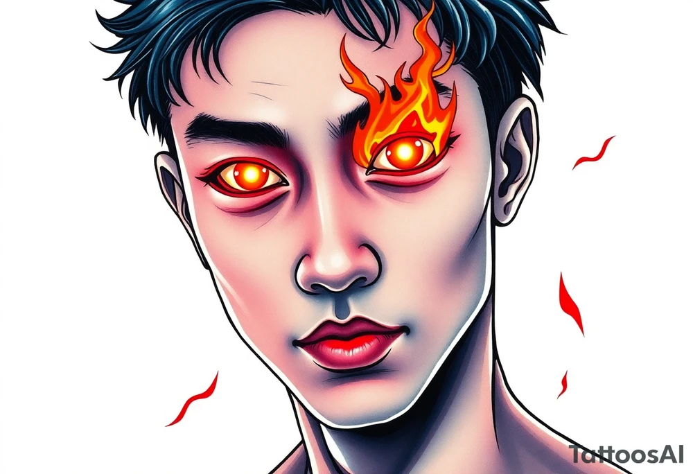 Handsome Asian young guy with burning eyes tattoo idea