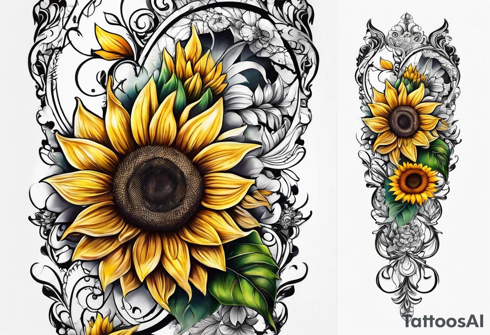 Leg sleeve sunflower tattoo idea