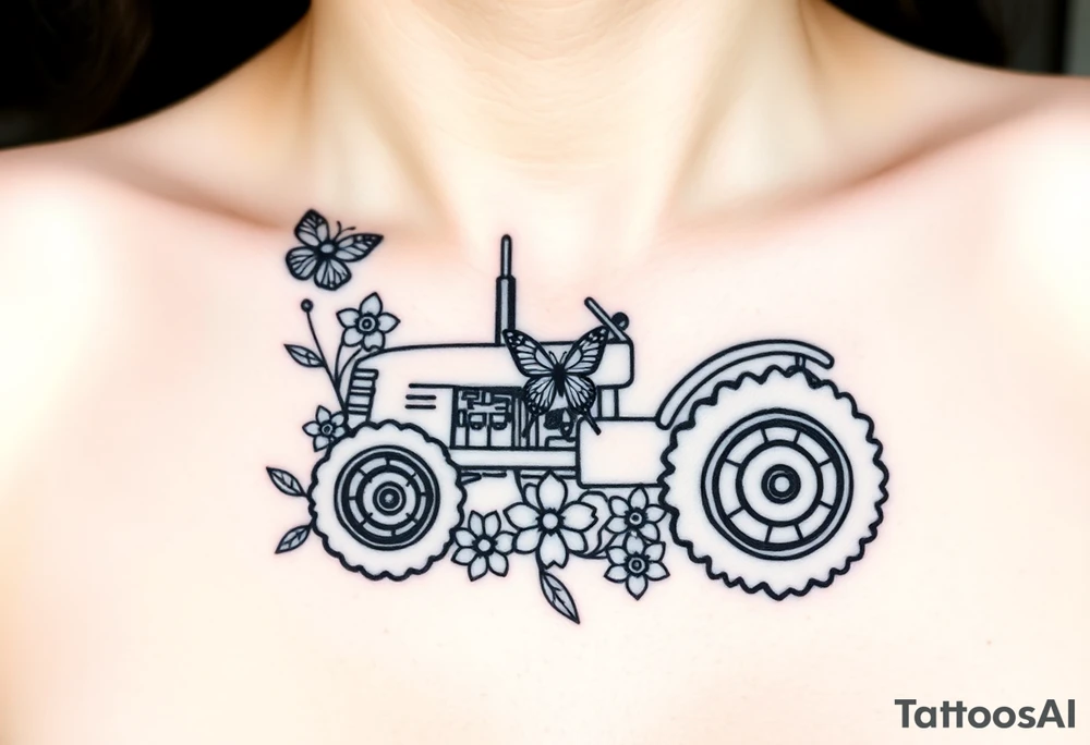 A dainty feminine tractor surrounded by flowers and a butterfly tattoo idea