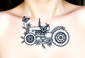 A dainty feminine tractor surrounded by flowers and a butterfly tattoo idea