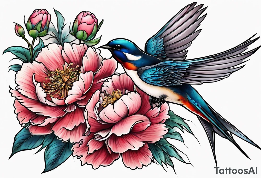 Two swallows in flight with peonies tattoo idea