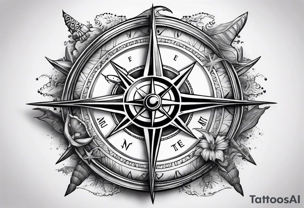 Pirate compass covered in starfish and marlin tattoo idea