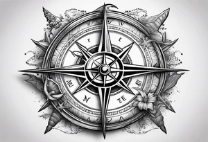 Pirate compass covered in starfish and marlin tattoo idea