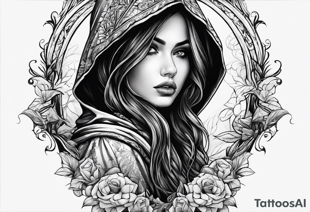 Hidden gothic hooded girl tattoo idea