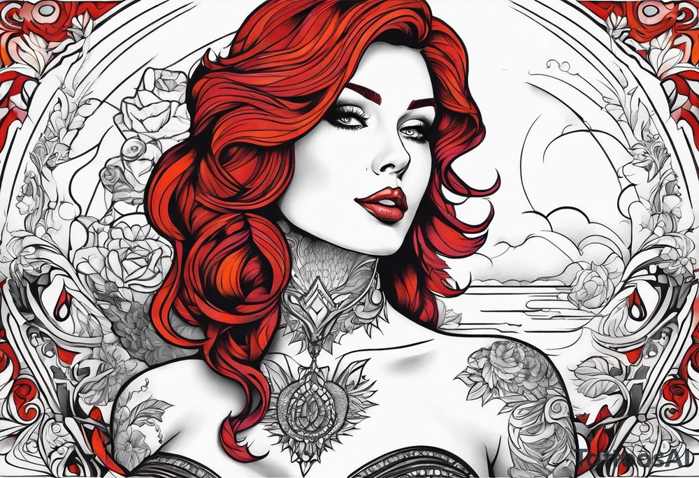 Busty Red haired woman with black haired bearded man tattoo idea