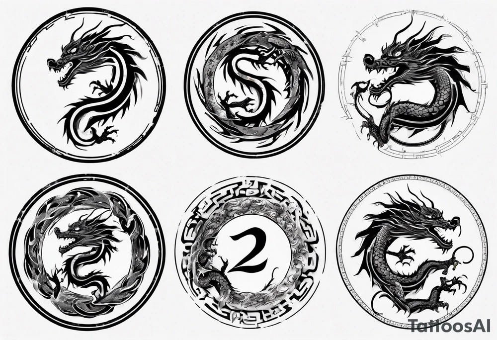 Chinese dragon in a circular shape with "02.03" written on it tattoo idea