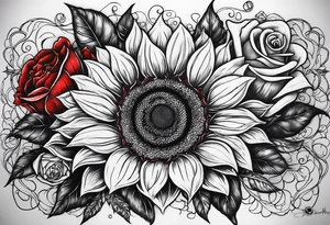 Sunflower and roses with the name Arianna in red scrip letters and “you are my sunshine” tattoo idea