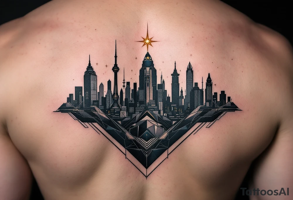 A futuristic city skyline in deep shades of gray and navy blue, with a single bright gold star shining above, symbolizing hope in a dystopian world. tattoo idea