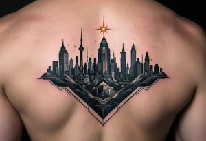 A futuristic city skyline in deep shades of gray and navy blue, with a single bright gold star shining above, symbolizing hope in a dystopian world. tattoo idea