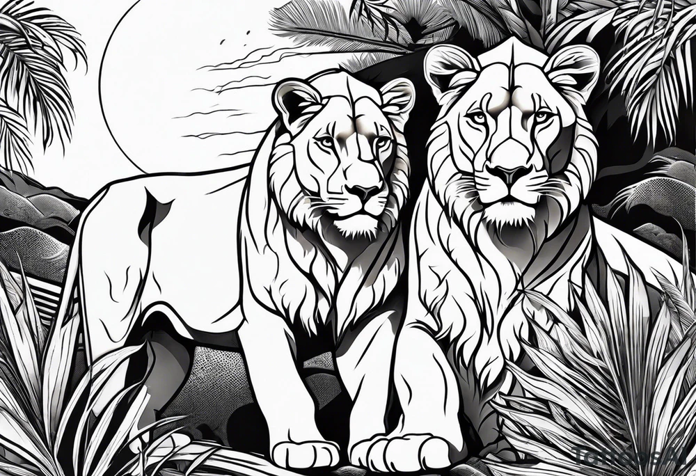 lioness and cub sun palm tree tattoo idea