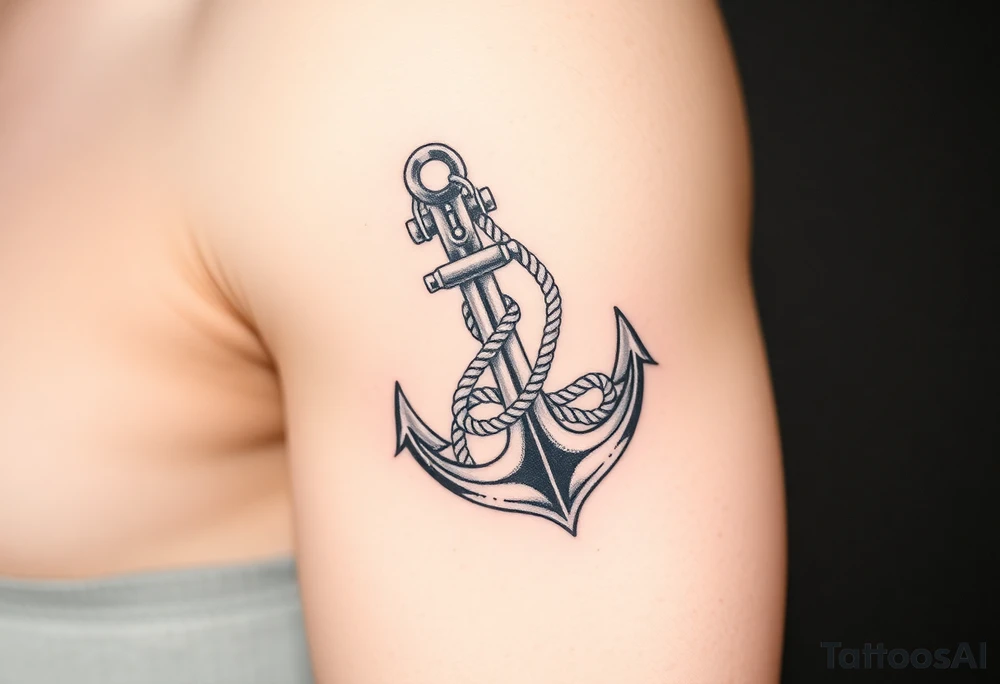 weathered anchor wrapped in nautical rope with sea waves tattoo idea