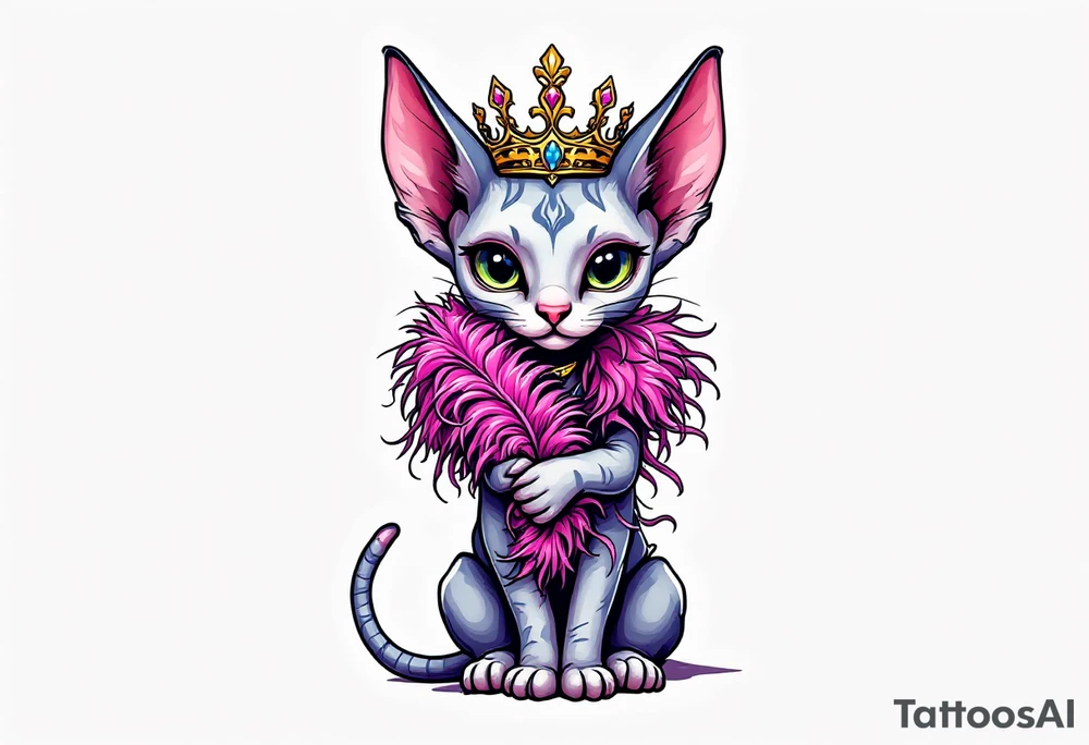 Chibi new school Glamorous sphinx cat holding 
pink feather boa and wearing a crown tattoo idea