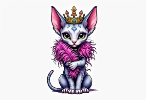 Chibi new school Glamorous sphinx cat holding 
pink feather boa and wearing a crown tattoo idea