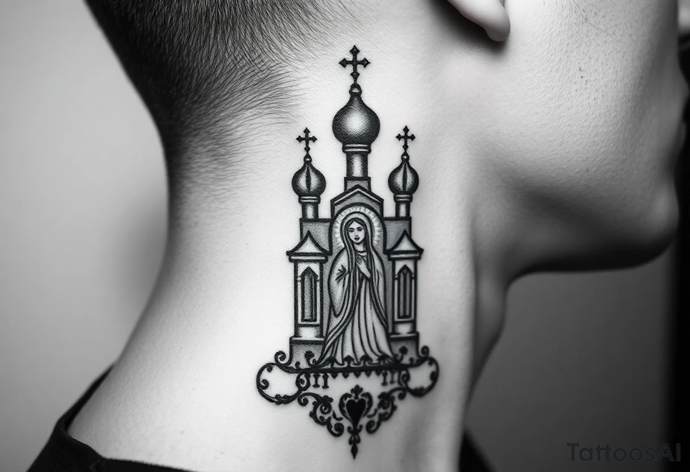 medium traditional russian orthodox church with russian coat arms and virgin mary on the side of your neck tattoo idea